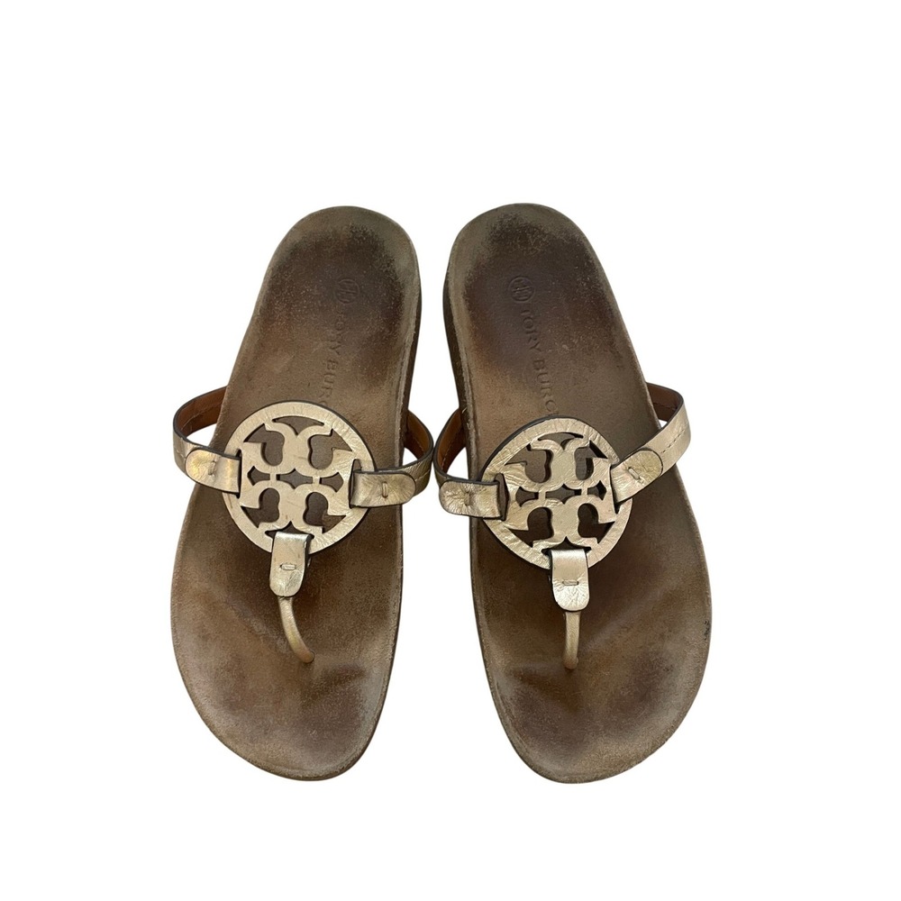 Tory Burch Miller Cloud Metallic Gold Logo Thong Sandals 8.5M